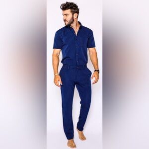 RomperJack Men's Navy Chateaux Jumpsuit with pink pinstripes